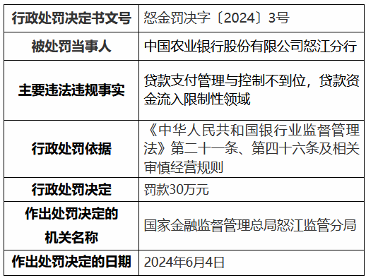 农业银行怒江分行、兰坪白族普米族自治县支行共计被罚50万元：违规发放虚假按揭贷款等